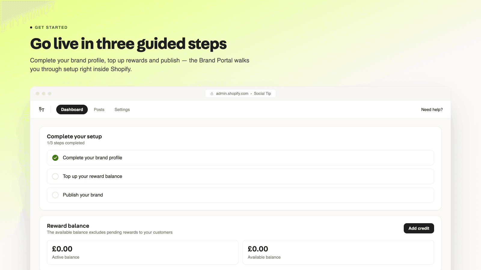 Guided three-step setup inside the Social Tip brand portal