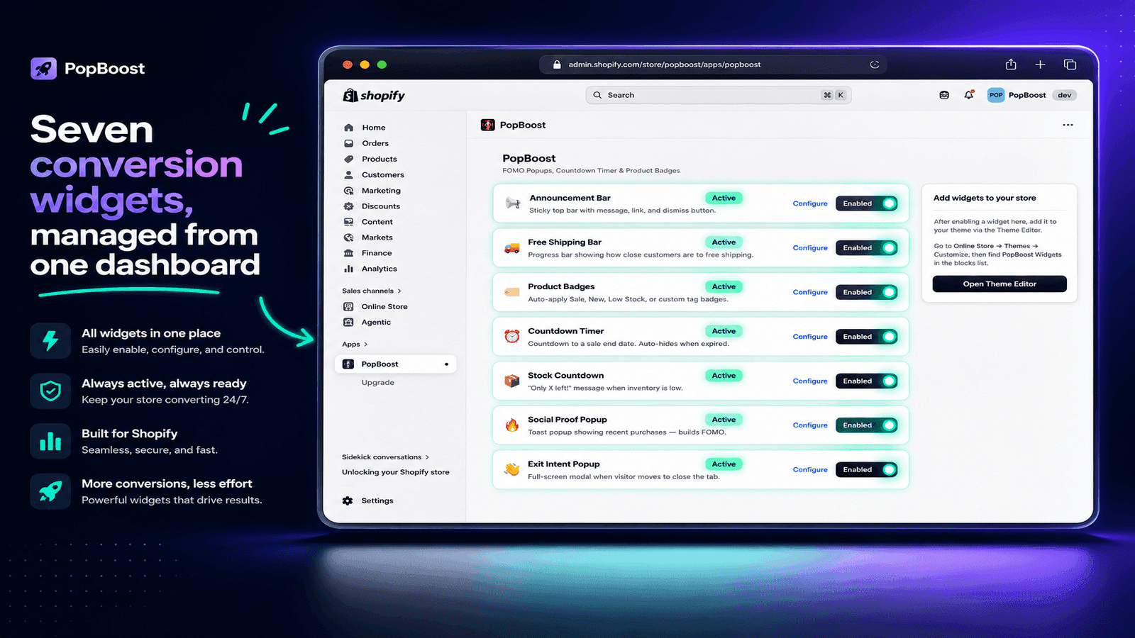 All 7 conversion widgets, managed from one dashboard