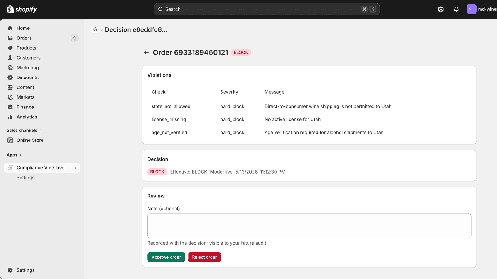 Real time compliance review for your shopify DTC alcohol orders
