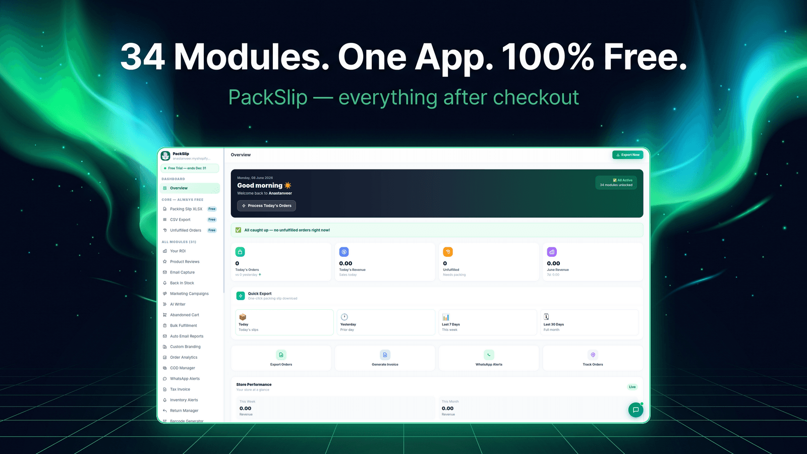 PackSlip dashboard - 34 free Shopify fulfillment modules