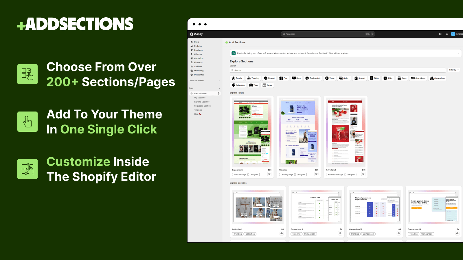 Browse and add 200+ Shopify sections and pages in one click