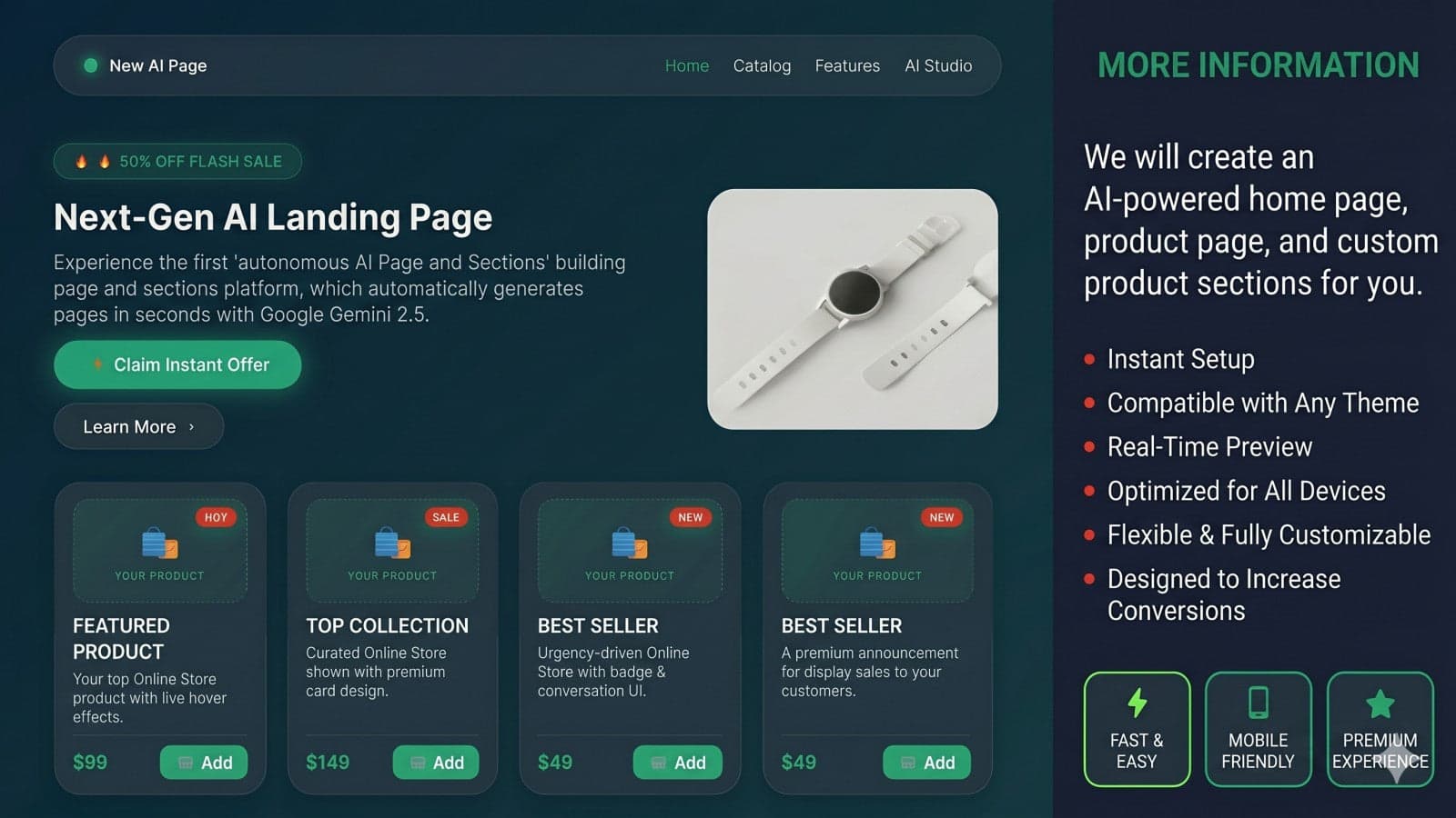Build AI landing pages and premium sections for Shopify stores.