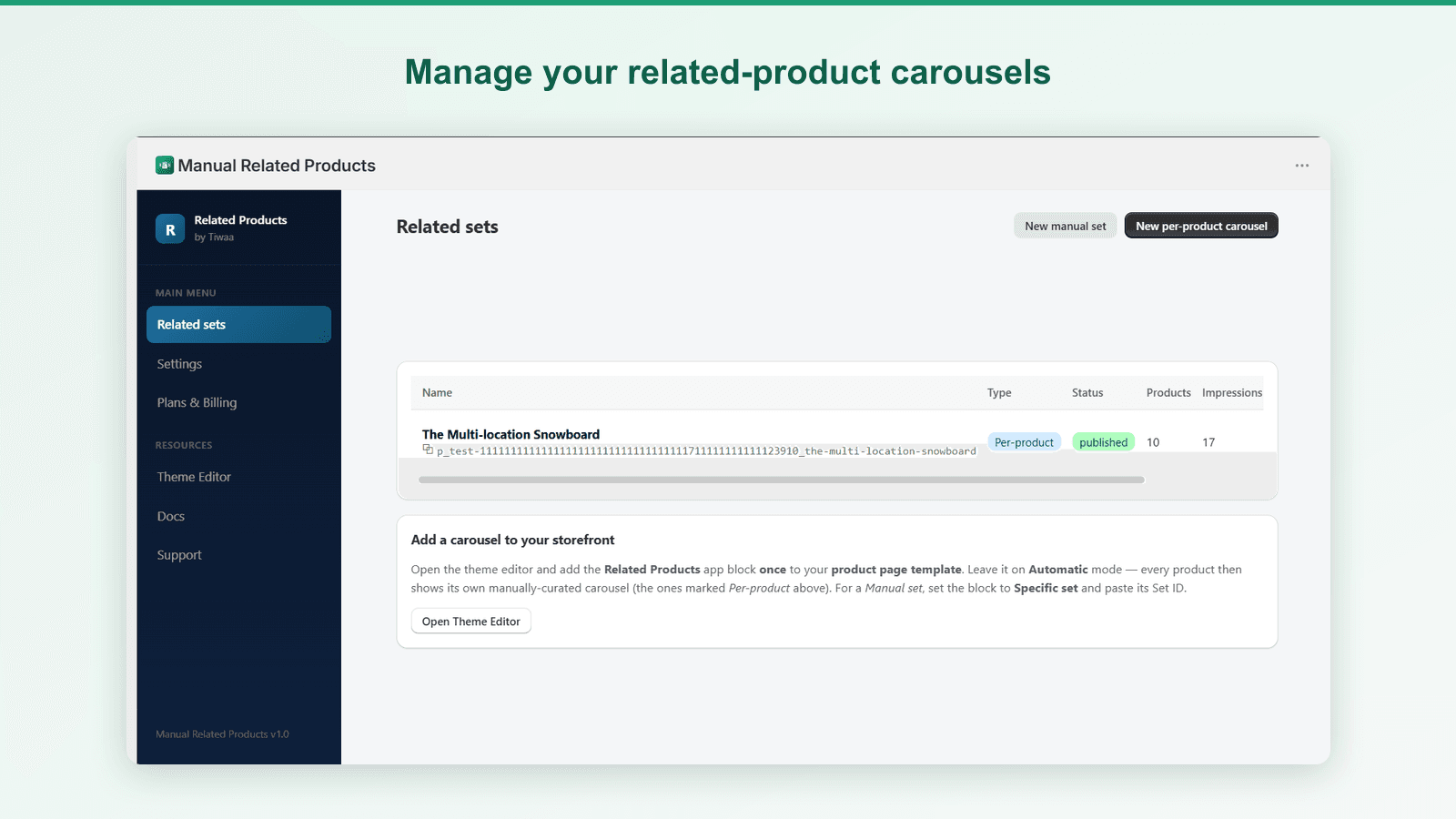 App dashboard listing related-product carousel sets