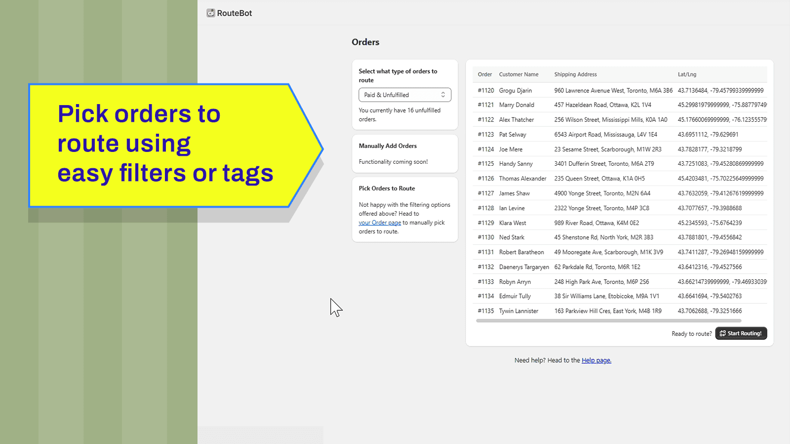 Pick orders to route using easy filters or tags