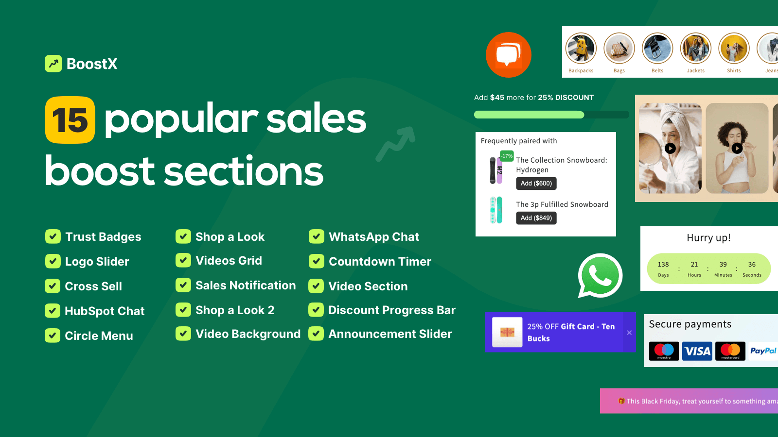 Sales improve sections with badges, cross-sell, reviews...