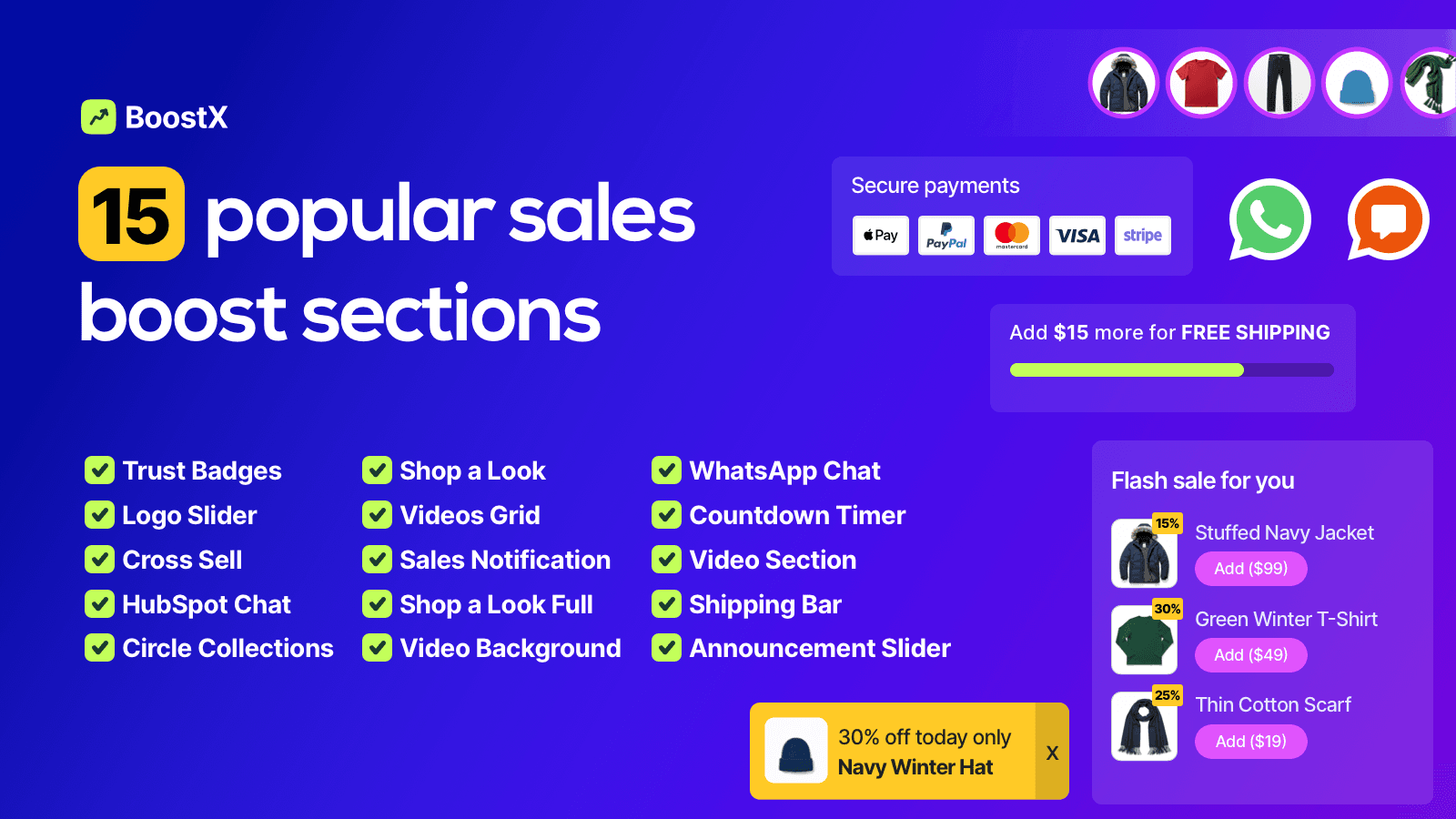 Sales improve sections with trust badges, cross-sell, reviews...
