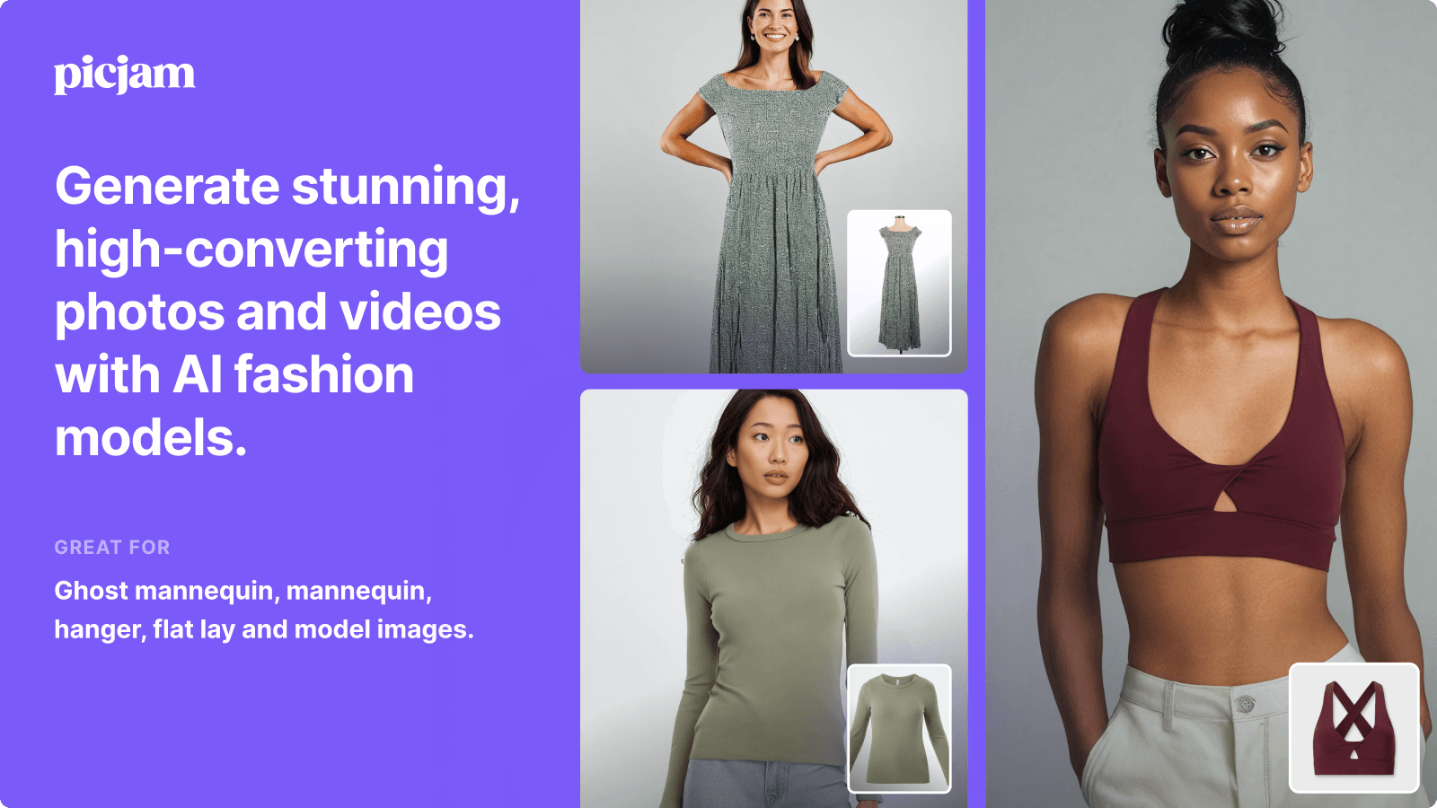 Generate AI fashion model photos and videos with Picjam.