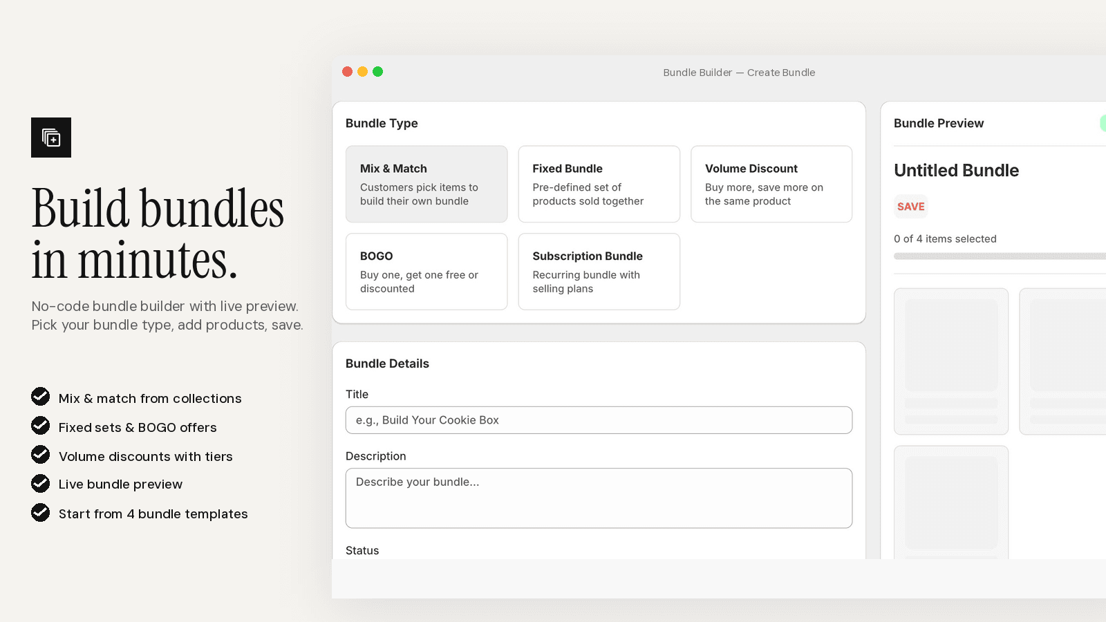 Bundle builder with mix and match, fixed, volume, and BOGO