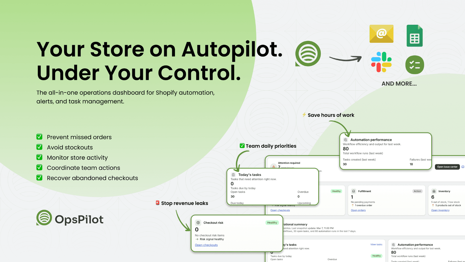 OpsPilot operations dashboard for tasks, alerts, and workflows
