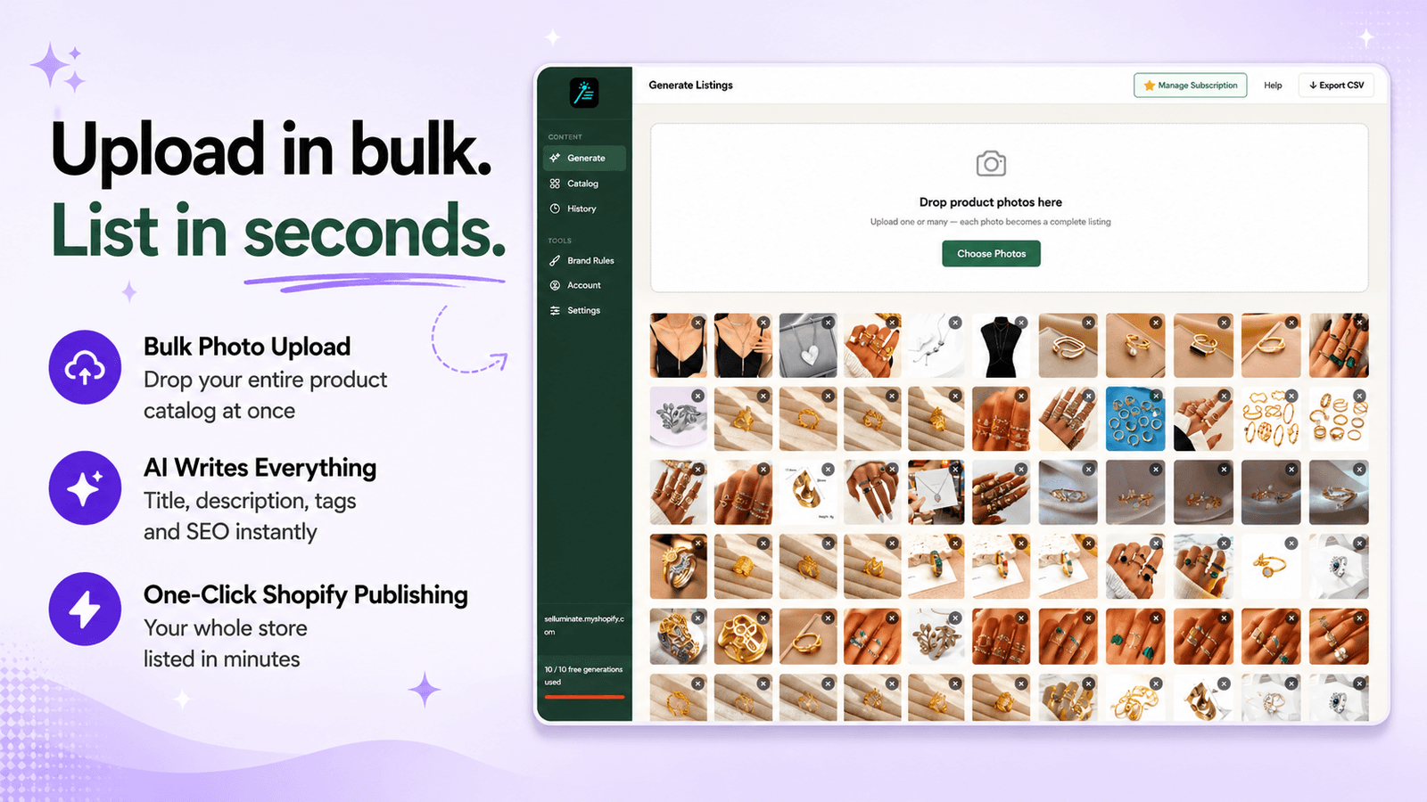 Bulk photo upload → complete SEO listings in seconds