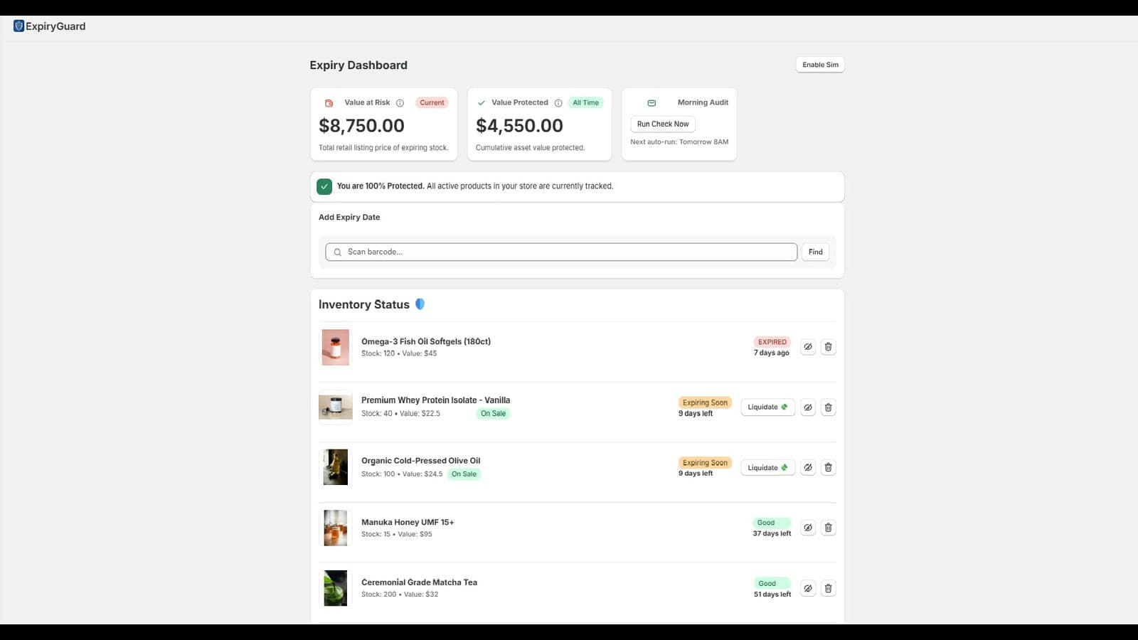 Dashboard showing inventory value at risk and protected