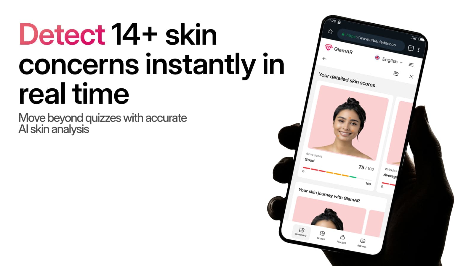 GlamAR AI Skin Analysis detecting 14+ skin concerns in real time