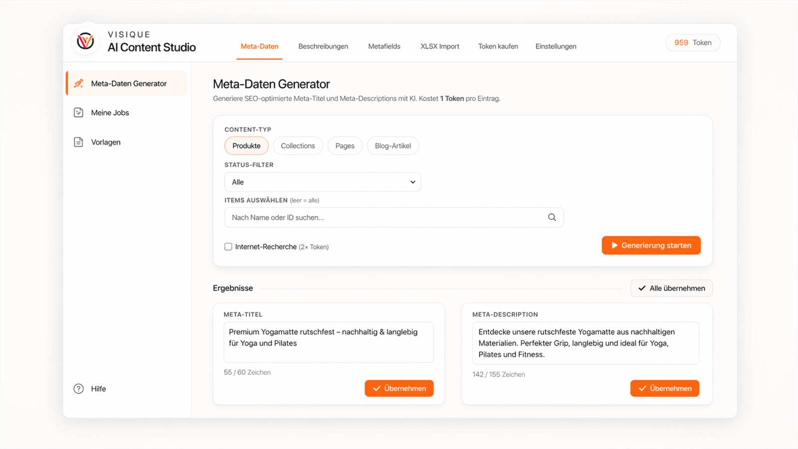 KI-Generator für Shopify-Metadaten und Produkttexte