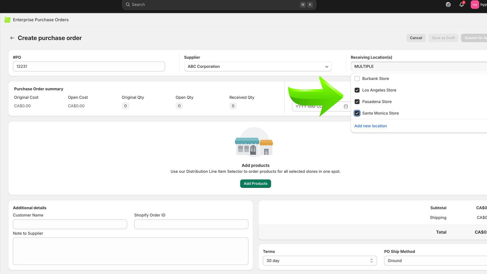 Purchase Order App - Multi-store Select