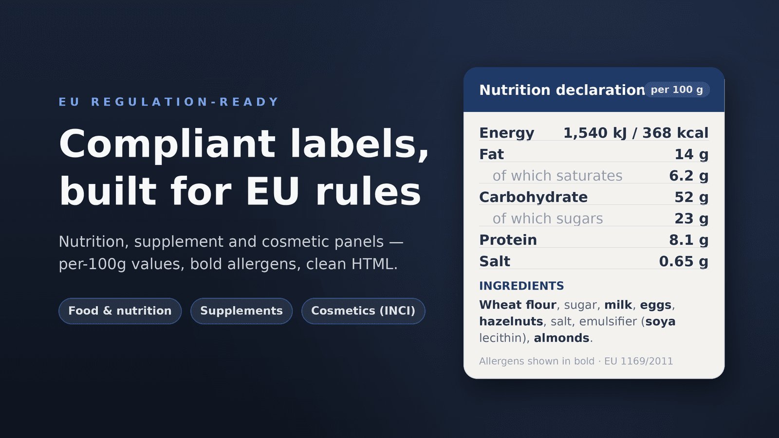 EU-compliant nutrition, supplement and cosmetic labels
