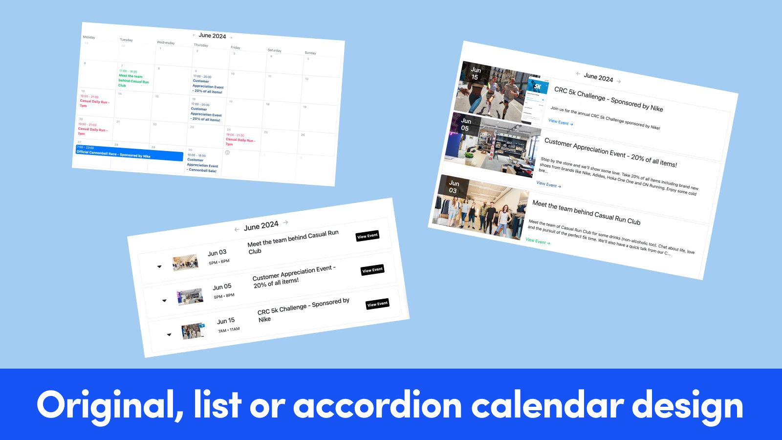 Original, list or accordion calendar design options