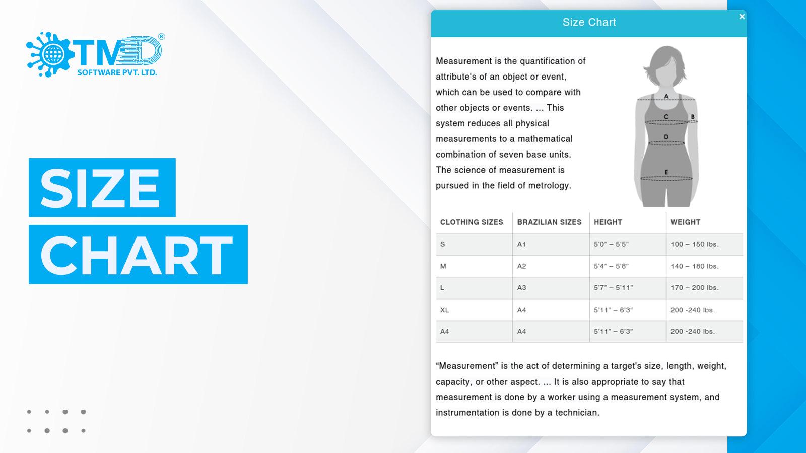 TMD Size chart for ecommerce merchant