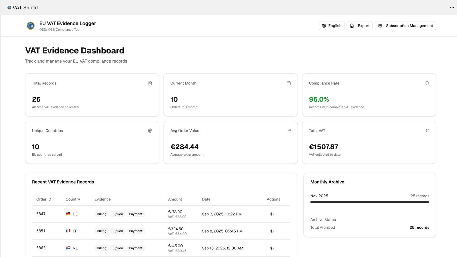 Dashboard showing VAT records, metrics, and export tools