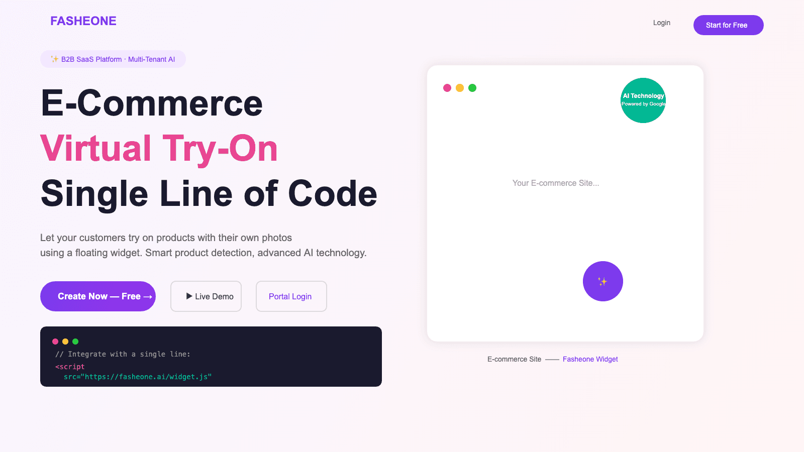 Fasheone AI virtual try-on hero - one script integration