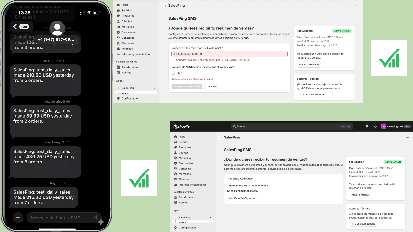 iPhone with sales SMS next to the SalesPing Shopify admin panel