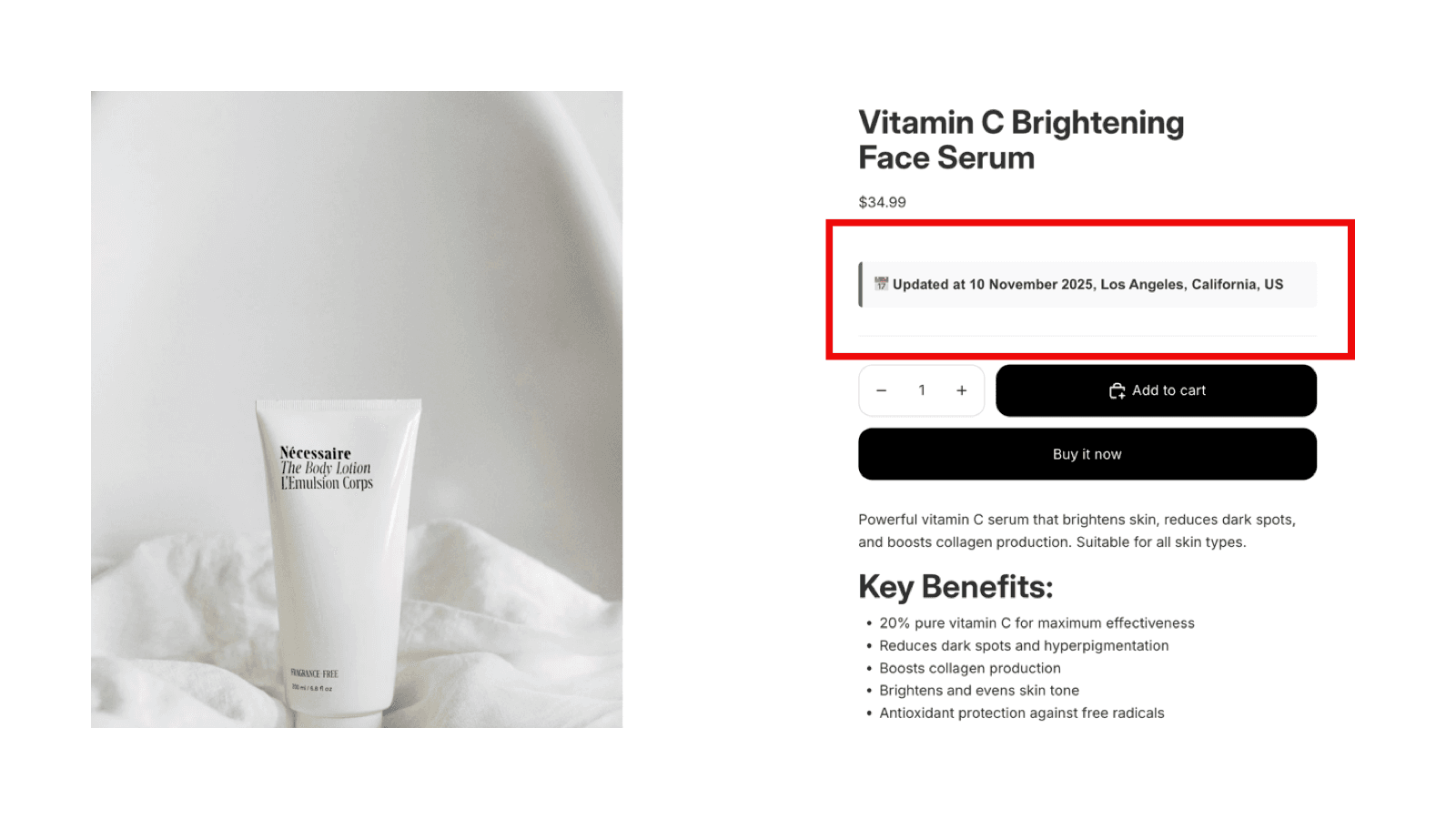 Product page with automatic update date positioned above Add to