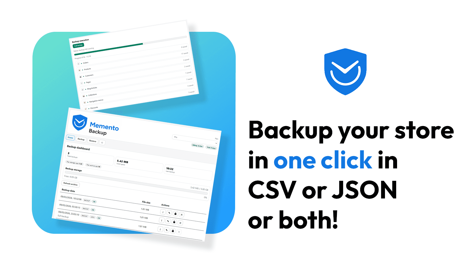 Memento Backup shopify CSV JSON