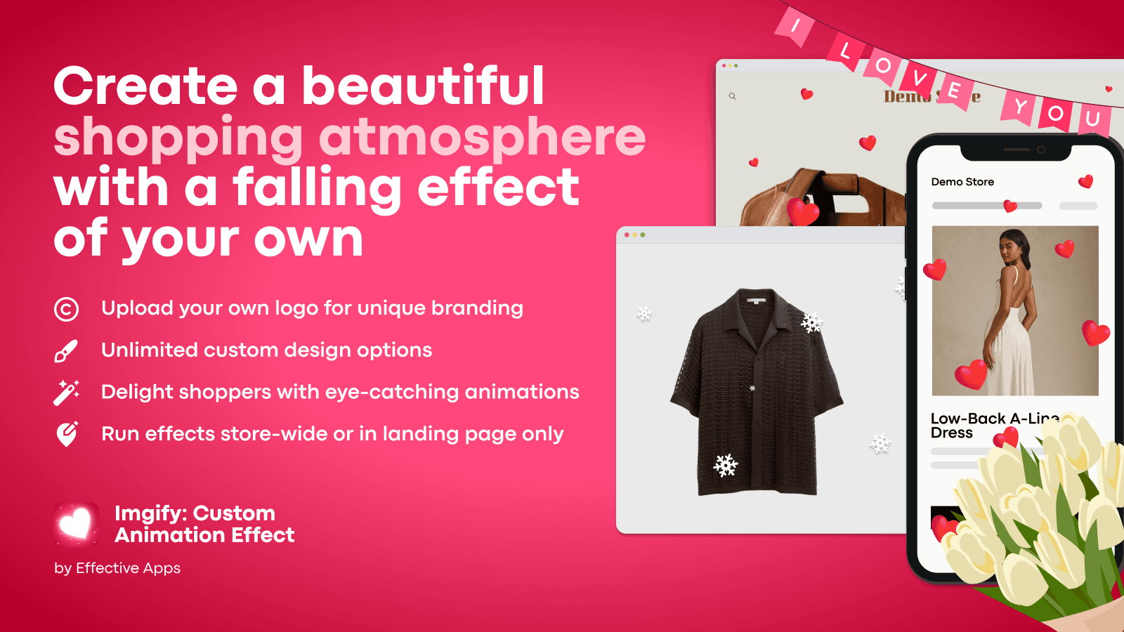 The falling effect in action: Falling hearts snow in the store.