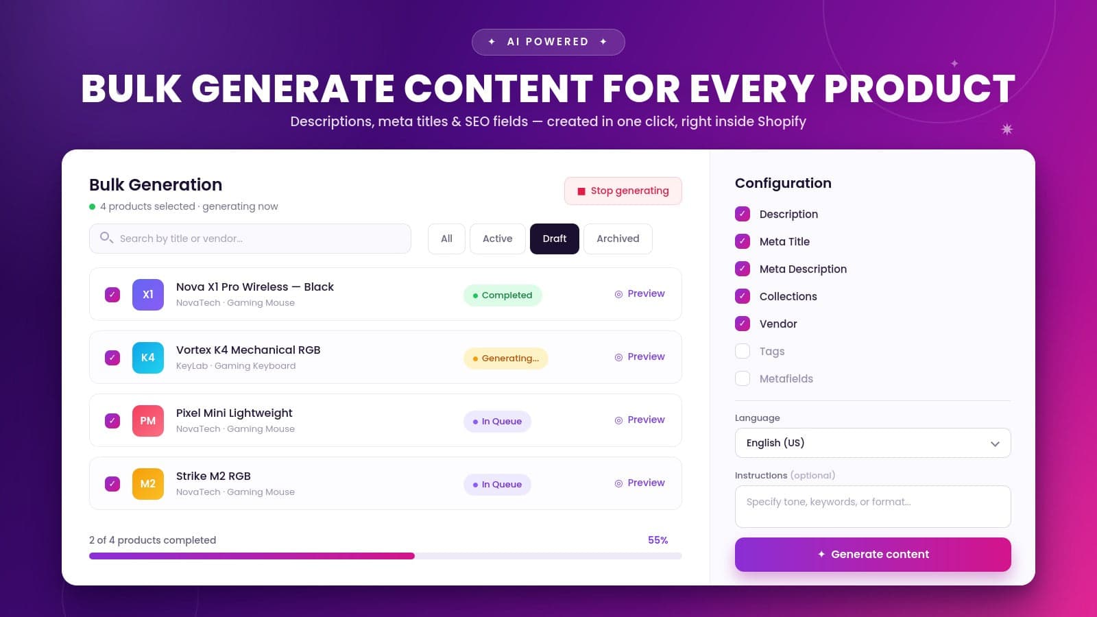 BULK GENERATE CONTENT FOR EVERY PRODUCT