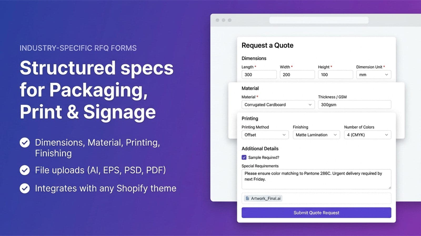 A Shopify product page showing the QuotePro modal with a 3-step