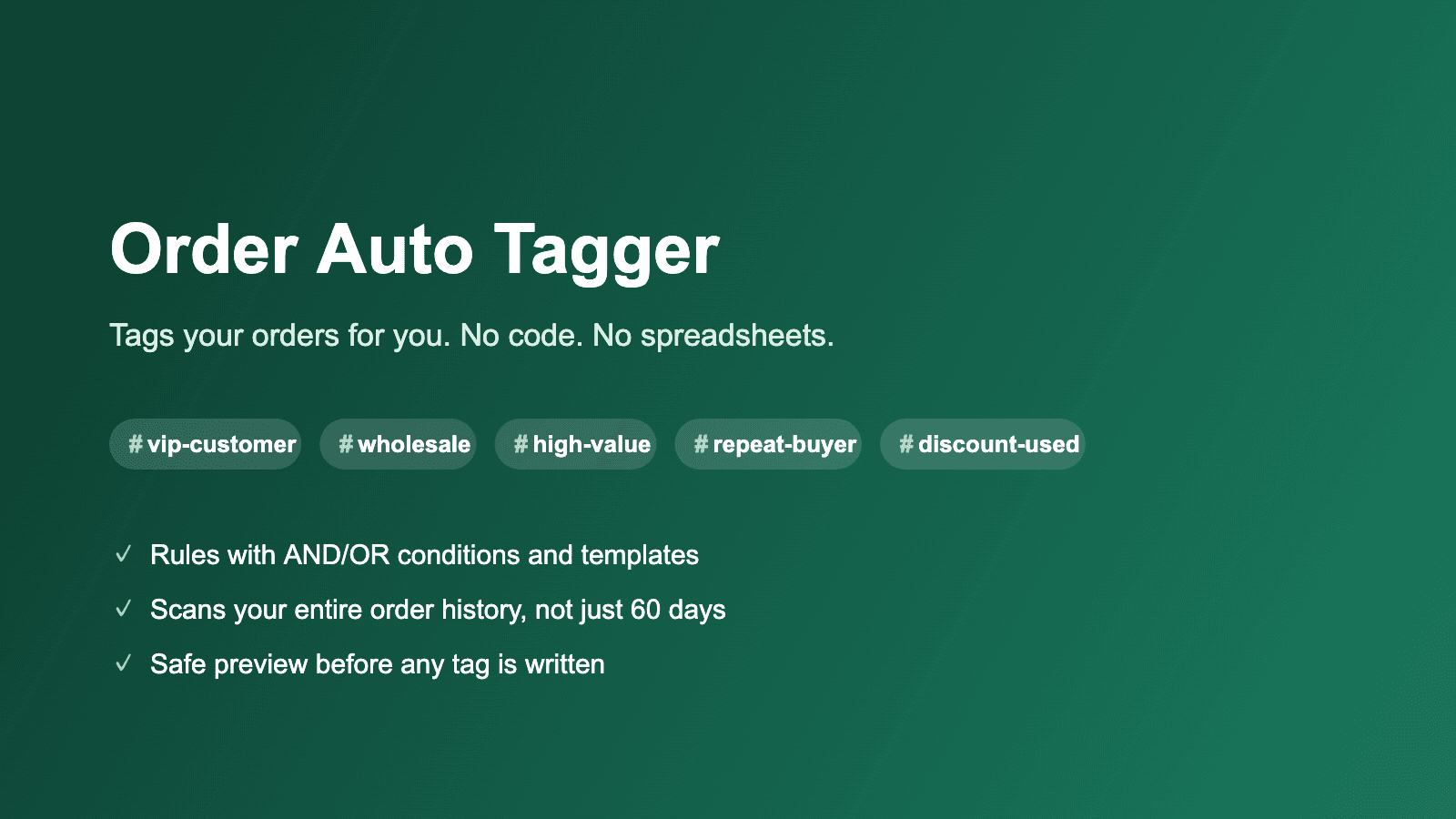 Order Auto Tagger banner showing automatic order tag examples