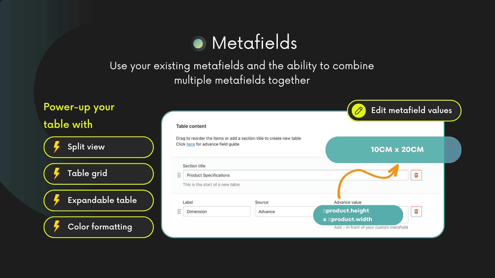 Metafields with advance value for product specifications table