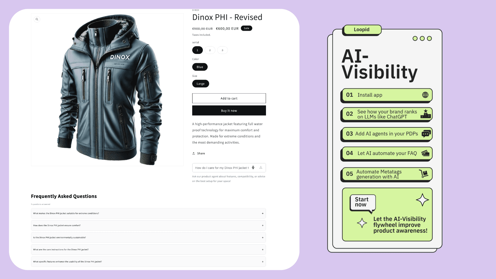 Screenshot of a product with an AI agent prompt to ask questions