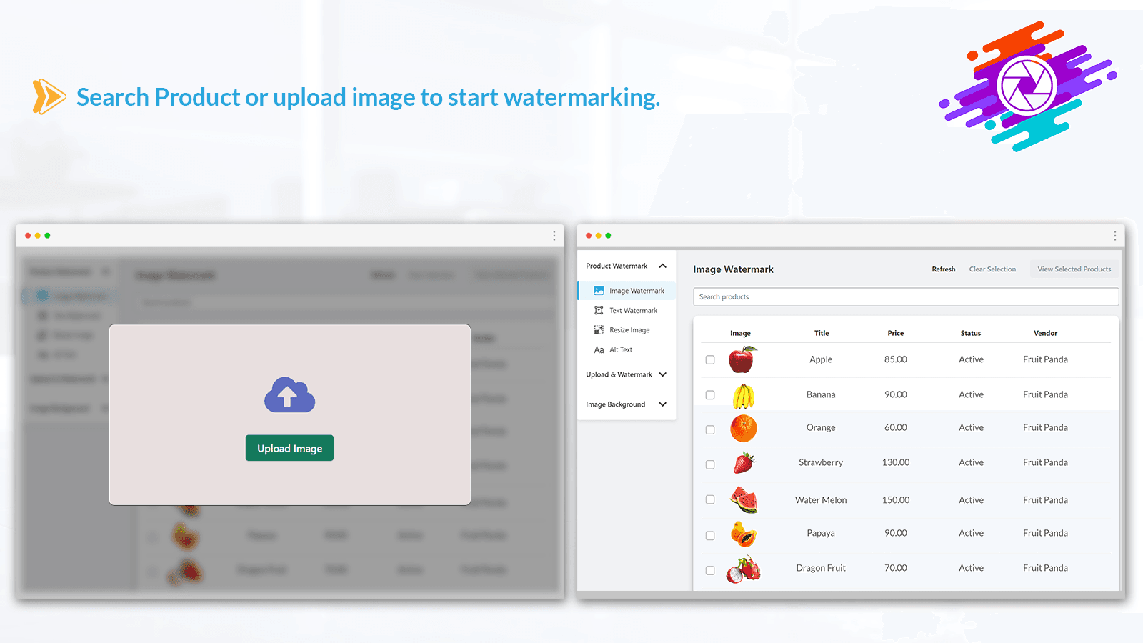 Search Product or upload image to start watermarking.