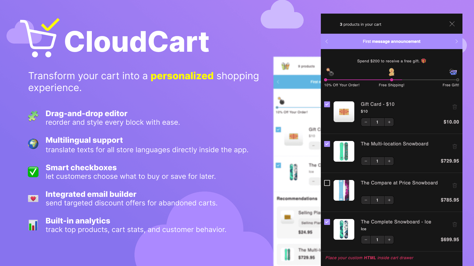 Smart cart drawer with editor and built-in translations