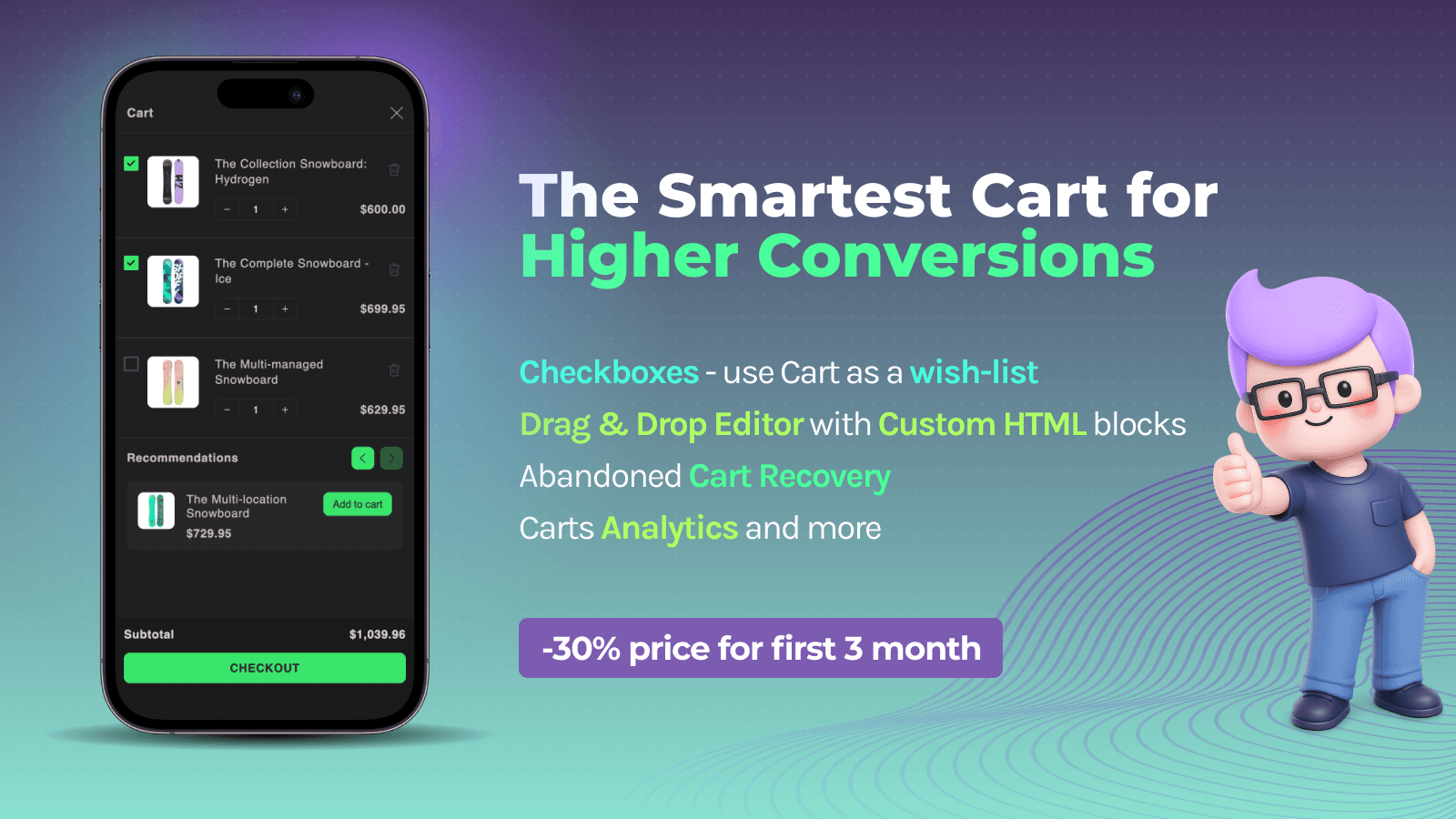 Smart cart drawer with editor and built-in translations