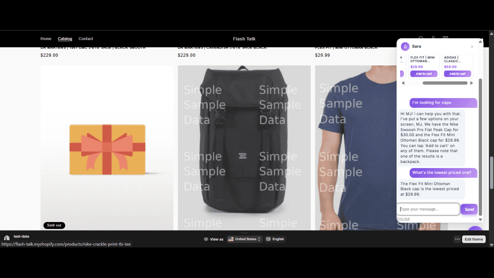 Product cards with price and add-to-cart inside the chat