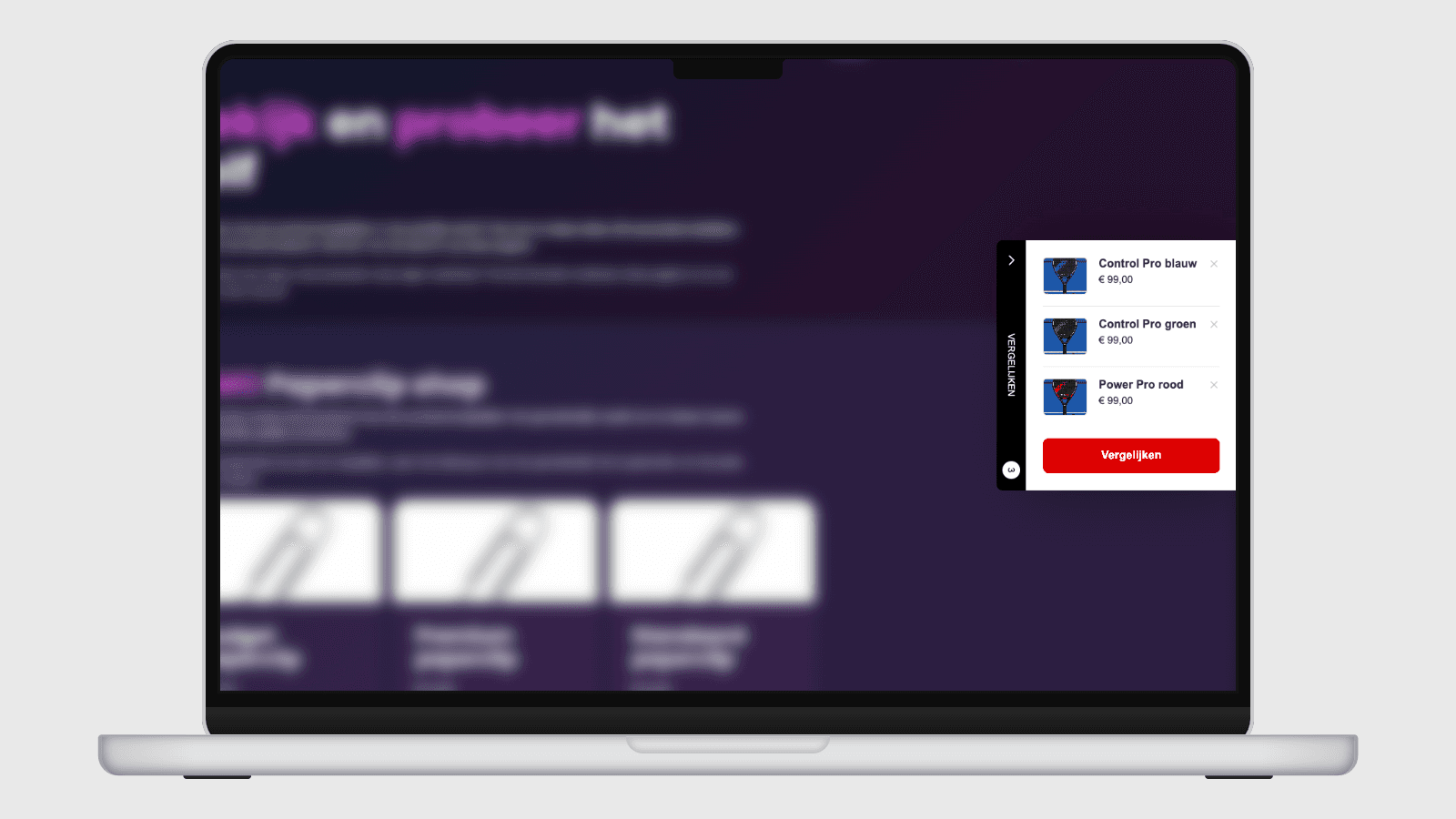 The comparison sidebar with 3 products selected.