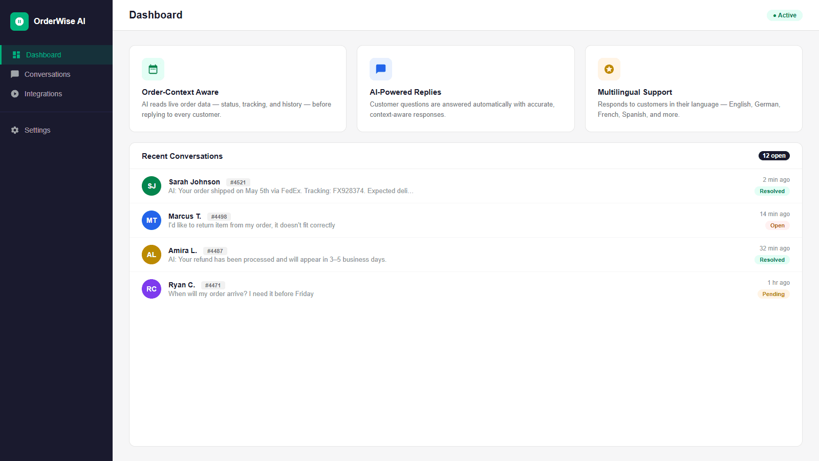 OrderWise AI dashboard with analytics