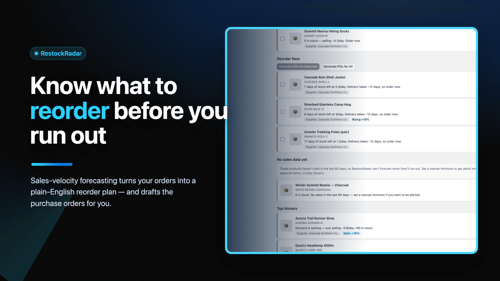 Know what to reorder before you run out — reorder dashboard