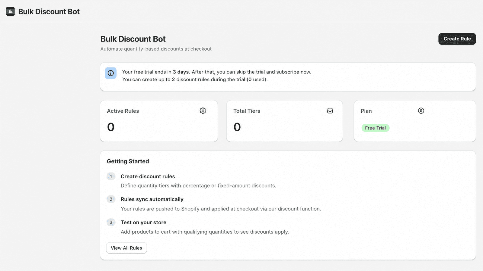 Dashboard with active rules, tiers, and getting started guide