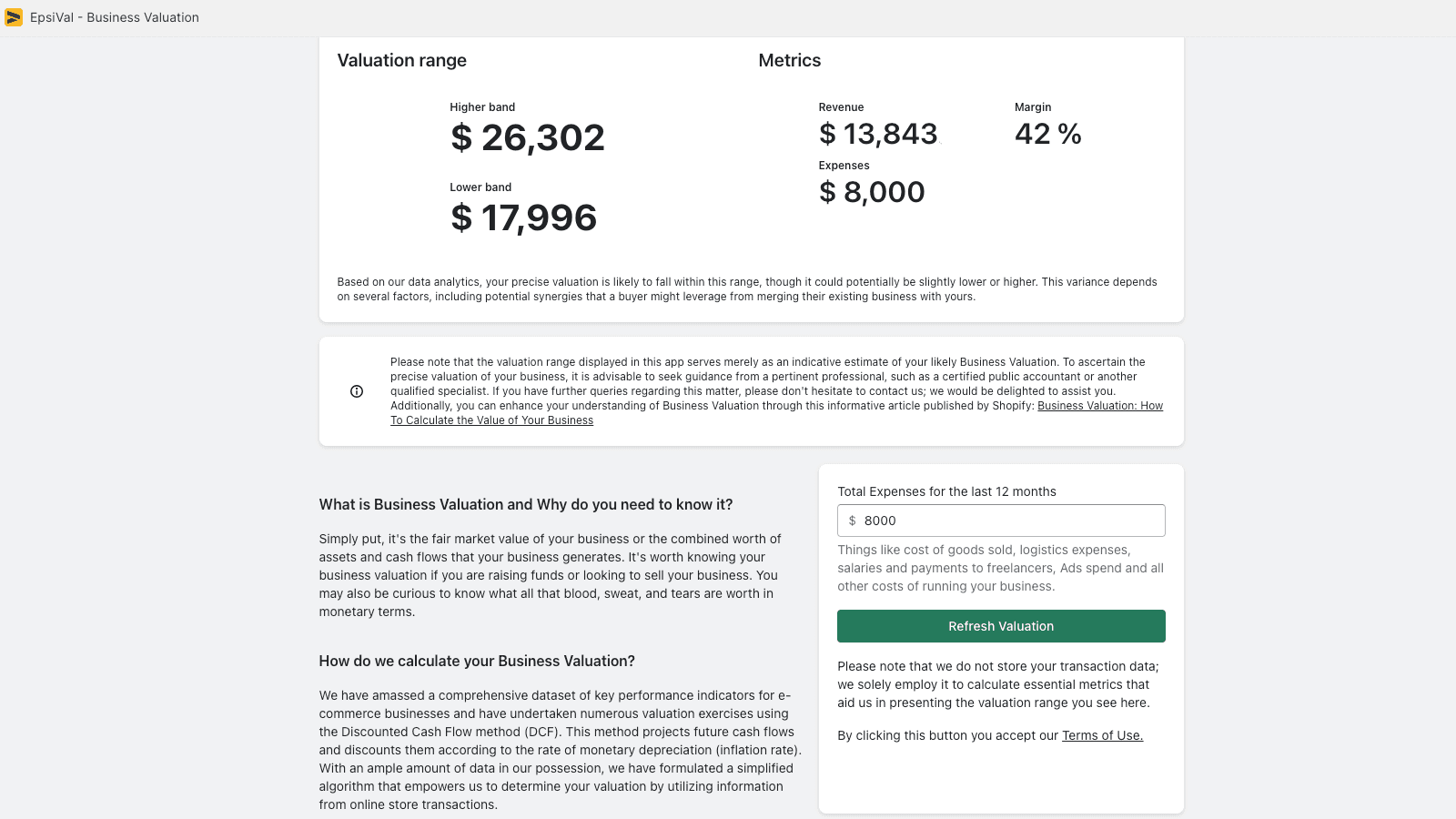 Business valuation range and key performance metrics