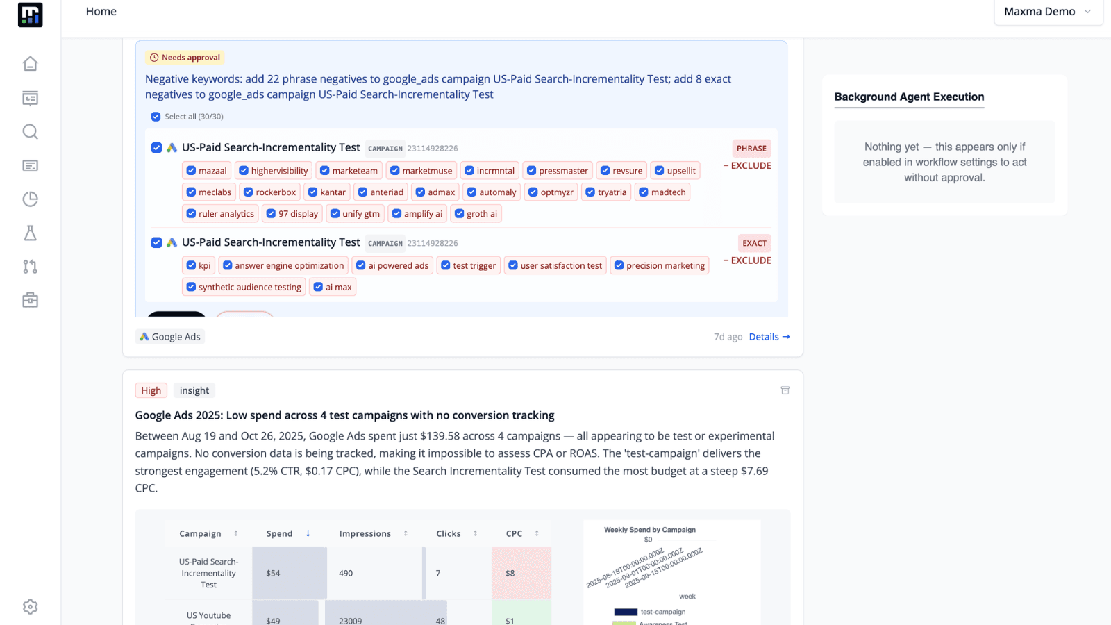 Agents surface alerts, insights, and opportunities automatically