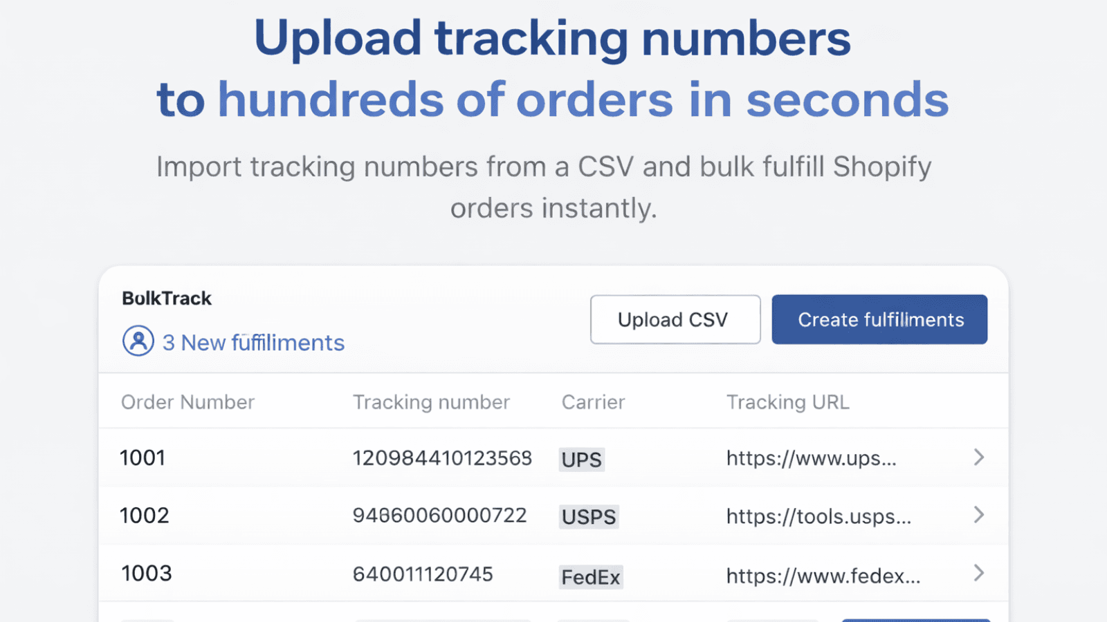 BulkTrack dashboard showing bulk tracking number upload