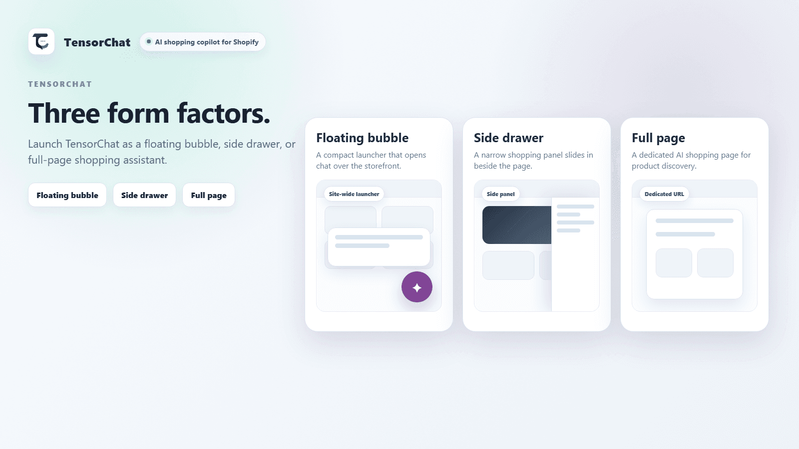 TensorChat showing bubble, drawer, and full-page AI chat modes