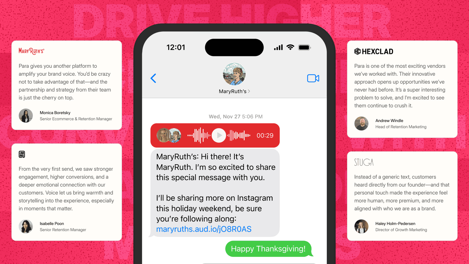 Voice note mockup and and customer testimonials