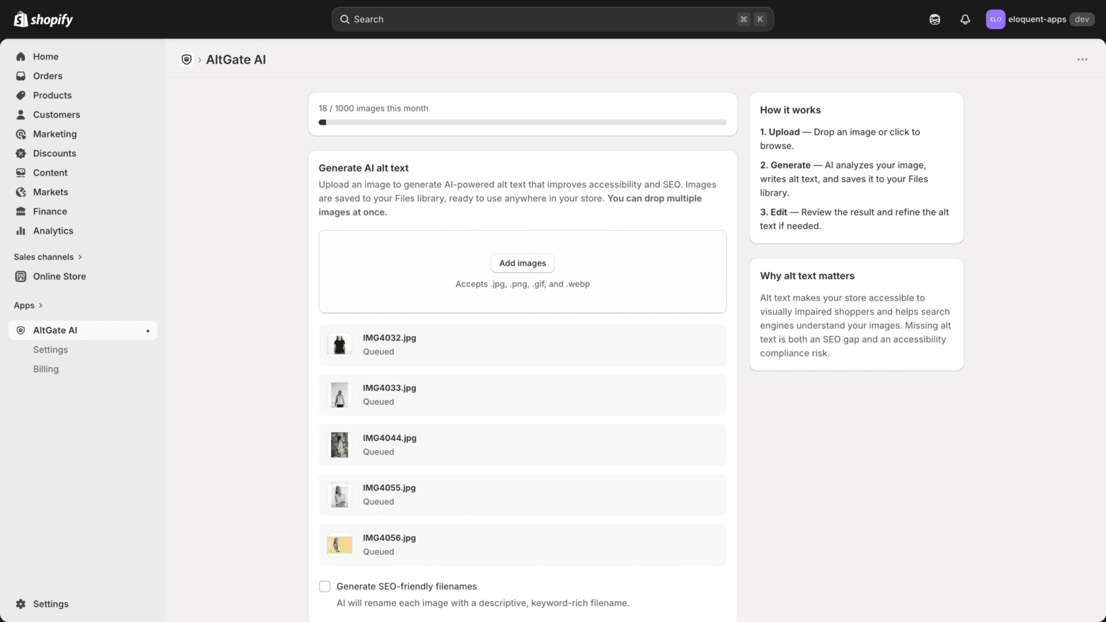 Bulk upload with five product images queued at once