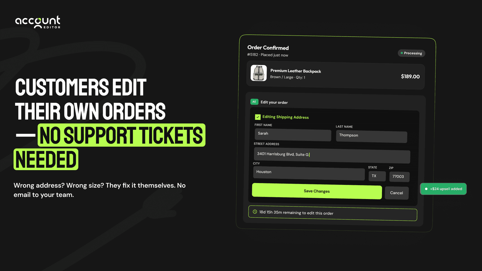 Customer editing shipping address on order status page