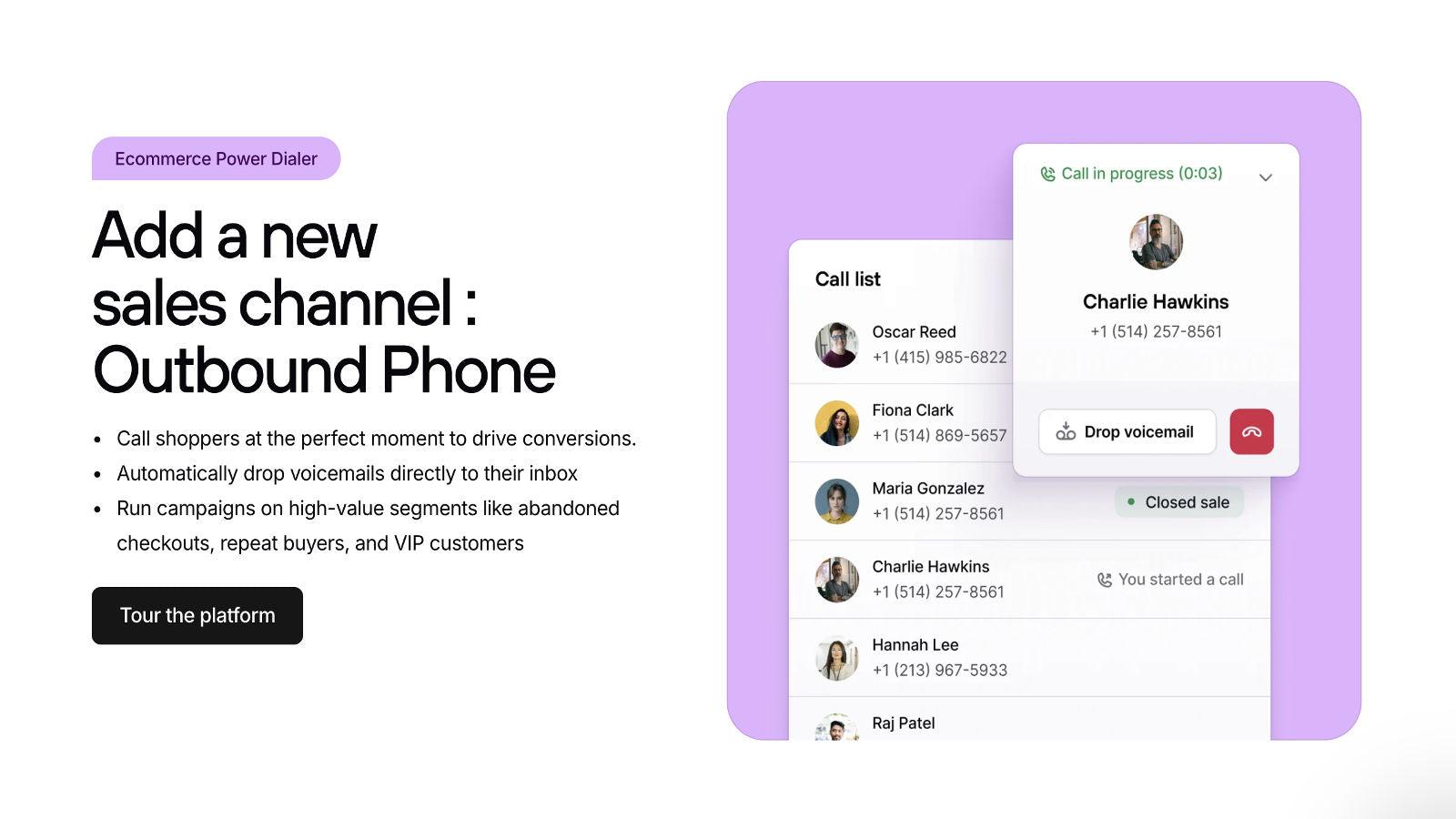 Outbound power dialer; auto-drops voicemails, at scale