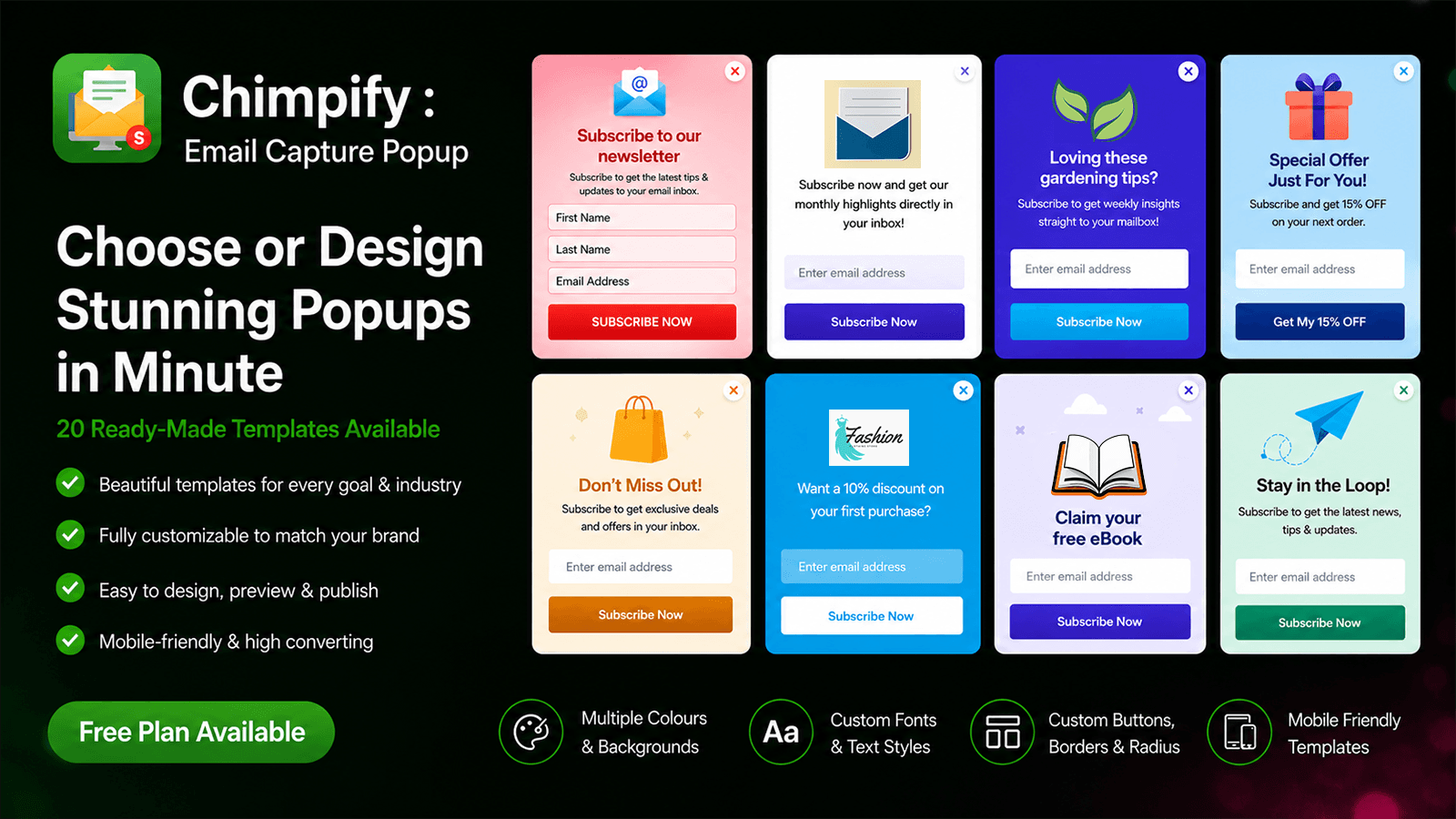 Chimpify email popup templates and customization options