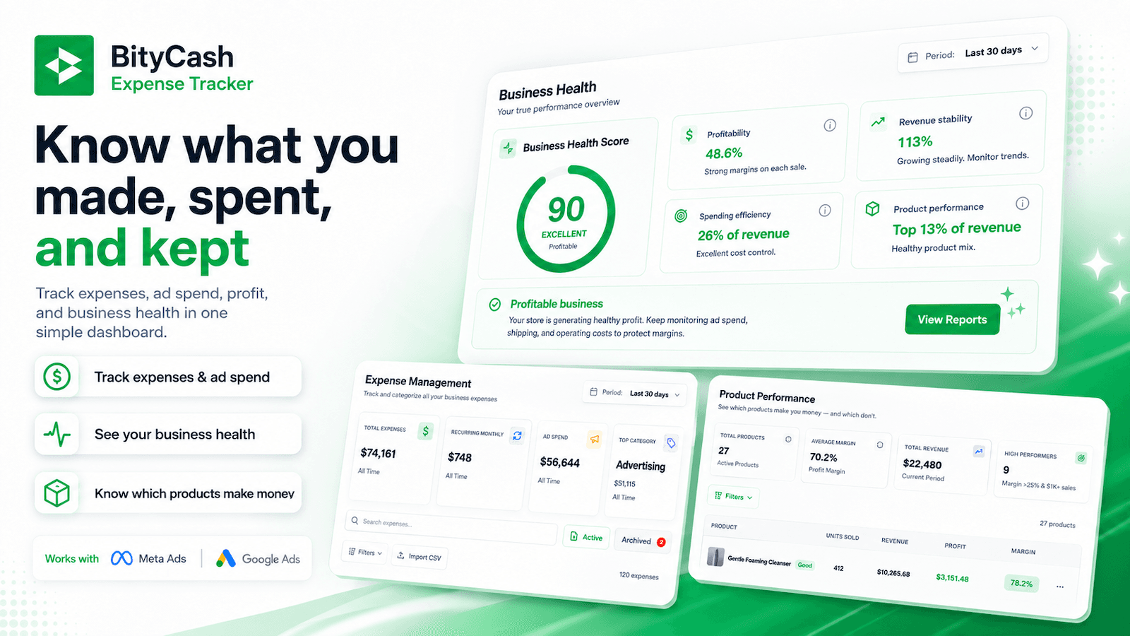 Business health dashboard with score and key metrics
